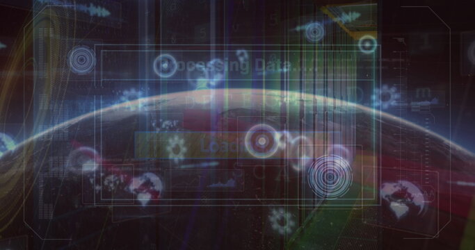 Image of scope scanning and data processing over globe and server room