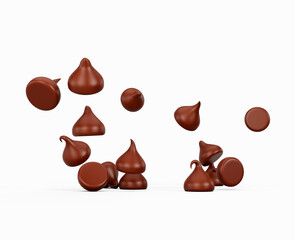 3d Milk Chocolate Chips Or Chocolate Morsels Falling On White Background 3d Illustration