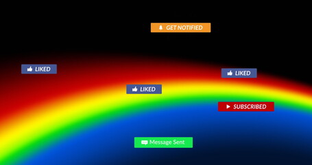 Image of social media icons with texts over rainbow on black background
