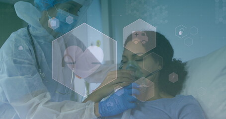 Image of medical icons over diverse doctor and patient wearing face mask