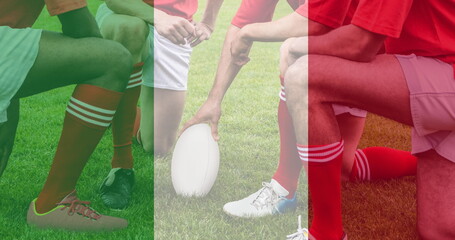 Golden confetti and italy waving flag against group of male rugby players on a sports field