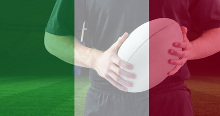 Golden confetti and italy waving flag against caucasian male rugby player holding a rugby ball