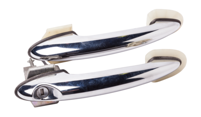 Spare part and body element outer handle of opening a door from a car on a white isolated background. Auto service industry.