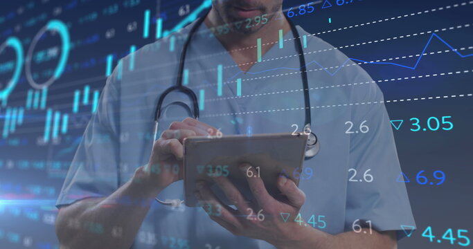 Image of financial data processing over biracial male doctor using tablet