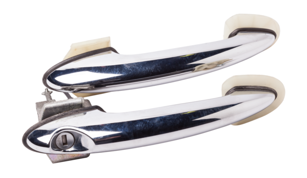 Spare part and body element outer handle of opening a door from a car on a white isolated background. Auto service industry.