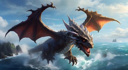 dragon in the sky-Dragon's Dance: A Serene Flight Above the Azure Seas - A High-Quality Fantasy Art Piece