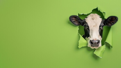 A humorous depiction of a cow's head poking through torn green paper, a mix of surprise and comedy
