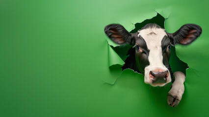 Amidst a green backdrop, a cow emerges through a ripped opening, presenting a playful yet striking visual contrast - 757916477