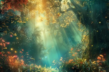 Magical Forest Glade with Golden Light and Fluttering Butterflies - obrazy, fototapety, plakaty