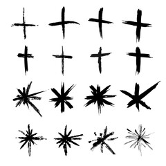 crosses_1Set of trendy black crosses and stars. Hand drawn geometric doodles, starburst doodles, modern retro grunge punk sticker design. Flat vector illustration - obrazy, fototapety, plakaty