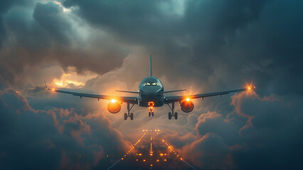 Stormy Evening Flight: Dramatic Photography of Passenger Aircraft in the Skies - obrazy, fototapety, plakaty