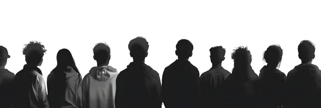 a row of black siluets of people look in, we see them only from the back, white background, vector