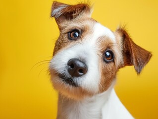 A close-up portrait of a dog with a head tilt and curious expression against a yellow background.