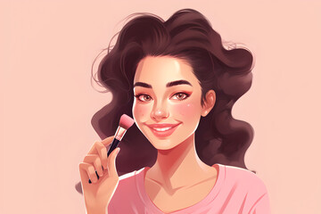 Obraz premium Portrait of beautiful young woman with paint brush for make up. Close up face girl model. Cartoon ai