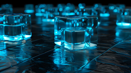 wallpaper blue glowing crystal cubes on reflective black floor, abstract background backdrop 