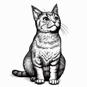 a black and white drawing of a cat with a long tail.