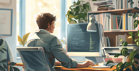 ilustración de una persona teletrabajando desde casa