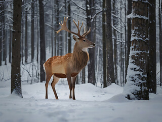 Noble deer male in the winter snow forest. Artistic winter Christmas landscape.