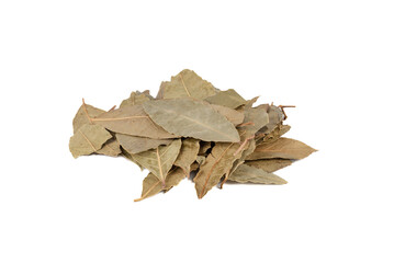 A bunch of dry bay leaves on a white background.