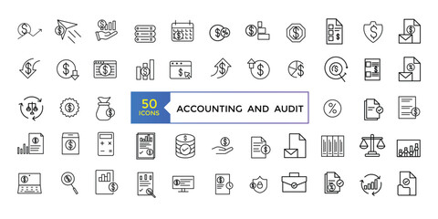 Accounting and audit line icons related to accounting, audit, taxes. Outline icon collection. Business symbols.