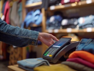 Close-up of a person using a contactless payment method at a clothing store checkout.