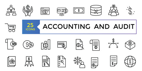 Accounting and audit line icons related to accounting, audit, taxes. Outline icon collection. Business symbols.