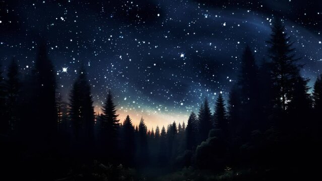 A stunning panoramic view of a dark, tranquil night sky filled with gleaming stars, with the silhouettes of tall treetops reaching upwards, creating a sense of wonder and peacefulness in the darkness.