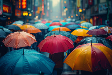 rain in city street people with umbrellas walk blurred light rain view from window urban life style...