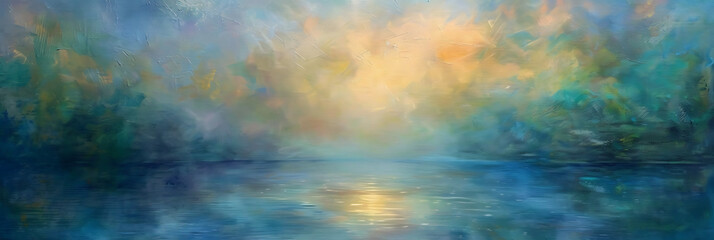 Fototapeta na wymiar An abstract painting capturing the ethereal beauty of light dancing across the surface of water, creating a mesmerizing interplay of colors and textures.