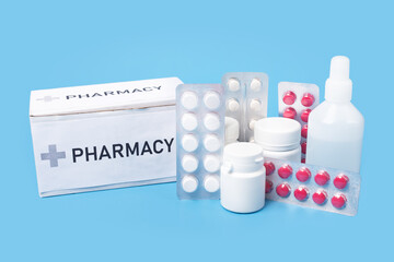 Medicine shipment, pills in a box, pharmacy delivery service, healthcare products