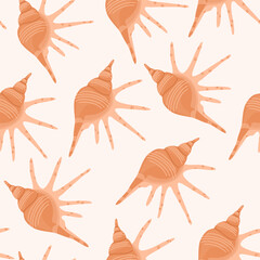 Sea shells seamless pattern. Summer marine animal background. Trendy pattern of seashells for wrapping paper, wallpaper, stickers, notebook cover. Vector ocean snail cartoon backdrop illustration. - obrazy, fototapety, plakaty