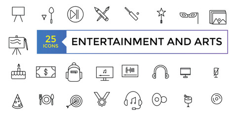 Entertainment and arts, lifestyle line icons. Collection of thin outline icons. Culture and Creative Fine Art Line Icons Set Element Design for Web. Vector illustration.