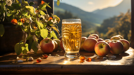 Glass with fresh fruit juice on the table and plate with ripe fruits, blossoming apple tree branch on background,Apple juice in a glass and fresh apples on a wooden table in the garden. Generative AI - obrazy, fototapety, plakaty