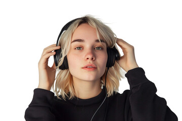 Blonde Woman Enjoying Music Headphones on transparent background,