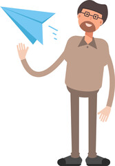 Beard Man Character Holding Paper Plane
