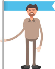 Beard Man Character Holding Flag Pole
