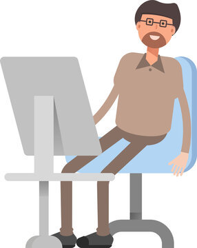 Beard Man Character Working on Desktop
