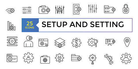 Setup and setting set, Gear Related Vector Line Icons. Contains such Icons as Engineering, Process, Settings and more. Vector illustration