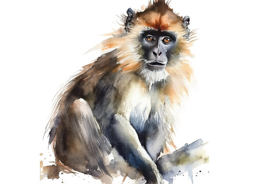 background colorful watercolor African Monkey sitting original white painting animal isolated wildlife