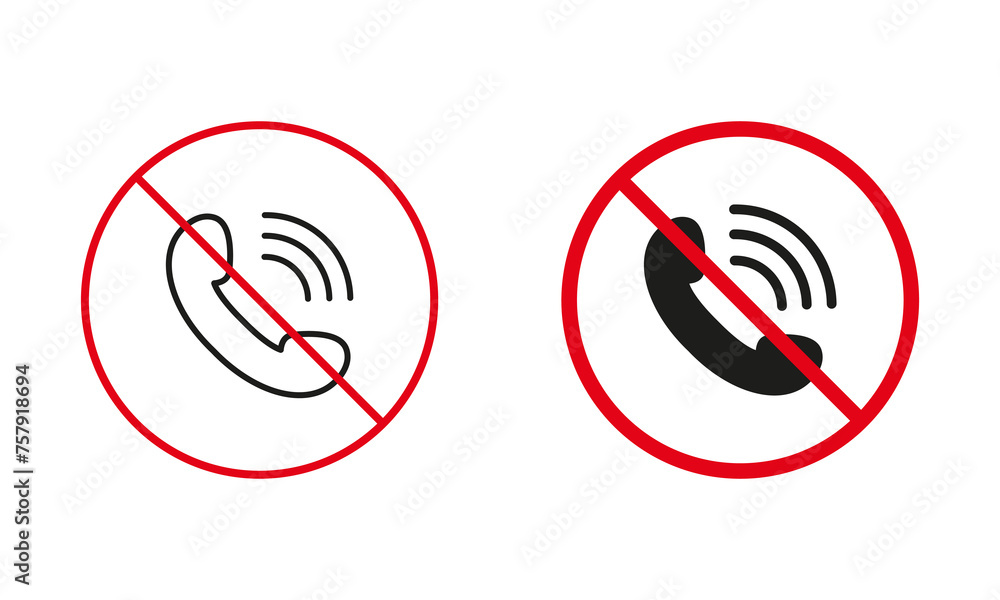 Poster no call allowed warning sign set. receive incoming calls on mobile phone prohibited line and silhoue