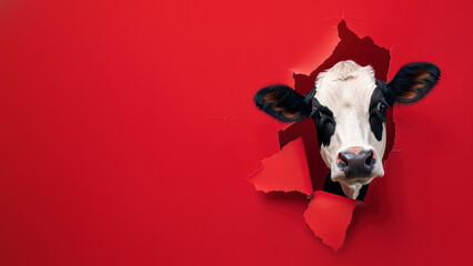 This dynamic image showcases a cow's head poking through a red paper background, creating a...