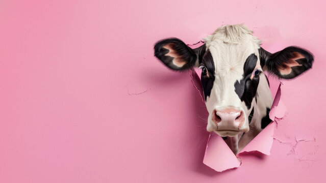 A friendly cow stares out endearingly from a pink torn paper, invoking humor and lightness