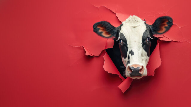 The eye-catching image of a cow's head emerging from a torn red paper imparts a playful and dynamic feel