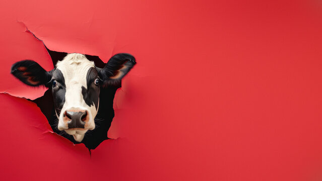 A cow head popping through red paper conveys surprise and an element of unexpected play in this image