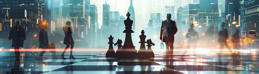 Double exposure of chess board game and business people with financial graph chart and city background. - obrazy, fototapety, plakaty