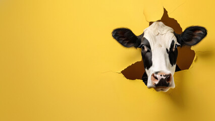 A curious cow's head pops out of a rip in a vibrant yellow paper background, center-aligned with...