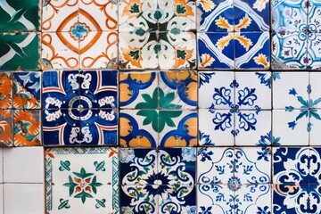 Traditional ceramic tile patterns from Portugal. Vibrant and colorful mosaic of traditional Portuguese ceramic tiles with intricate floral and geometric patterns