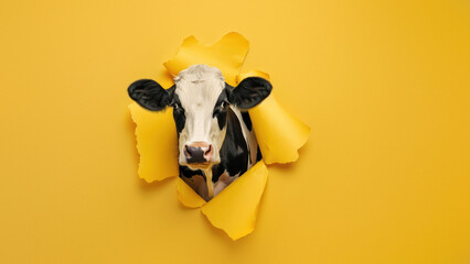 A playful cow face peers through a gap in a yellow paper, full of curiosity and wonder