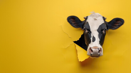 This image depicts a cow with a humorous expression poking its head through a yellow paper...