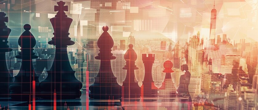 Double exposure of chess board game and business people with financial graph chart and city background.